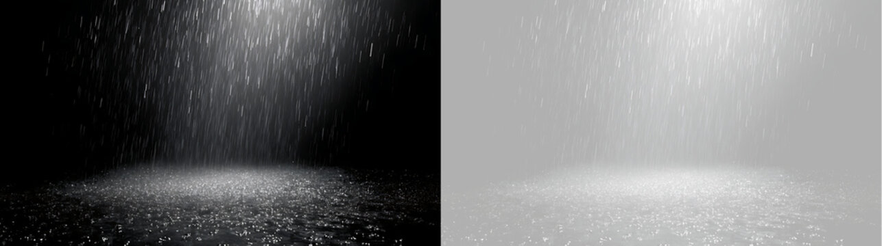 Pouring rain overlay effect with overhead spotlight. Falling water drops hitting wet ground surface