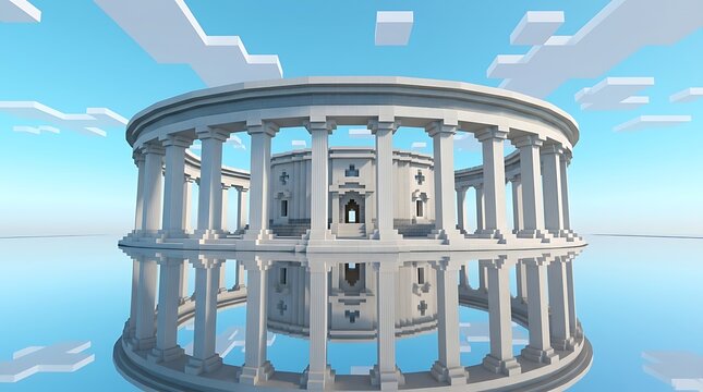 A stunning futuristic white minimalist circular temple structure floating above a reflective water surface under a clear blue sky