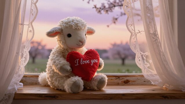 A soft white stuffed sheep sits on a wooden windowsill, clutching a red heart pillow with 'I love you' written in silver thread, framed by delicate lace curtains against a pastel sunset backdrop.