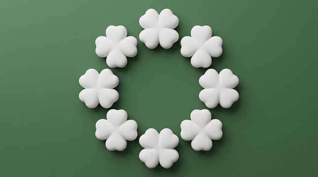 Futuristic white minimalist clover shapes arranged in a circular pattern isolated on a solid dark green background for modern design
