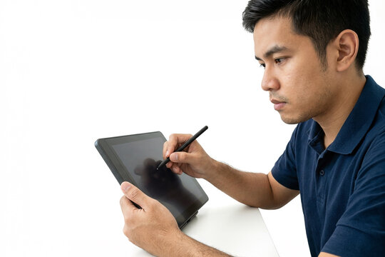 Young man using a tablet with a stylus