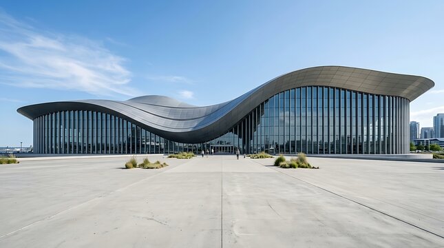 A stunning wide view of a futuristic white minimalist architectural building with a unique curved roof design under a clear sky