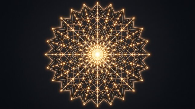 Abstract futuristic white minimalist glowing mandala design with intricate golden geometric patterns on a dark background for modern artistic wallpaper