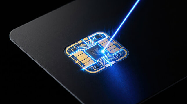 Close up of tech chip on credit card with blue laser beam highlighting circuit for secure retail and e commerce technology use