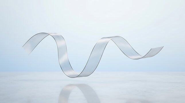 Abstract flowing ribbon sculpture in a futuristic white minimalist studio setting with soft lighting and clean aesthetic background