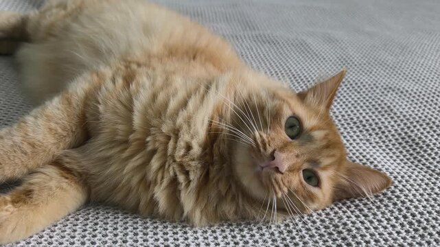 adorable fluffy cat plays and sleeps among soft fabrics, capturing innocent curiosity and tender moments perfect for greeting cards, childrens books touching advertising materials. Obesity in cats.
