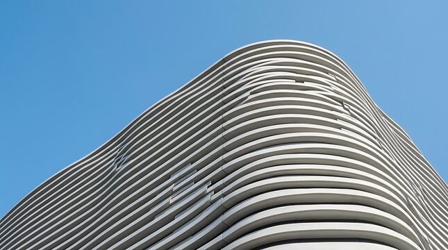 A low angle view of a futuristic white minimalist skyscraper featuring curved balconies against a clear blue sky background