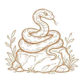Snake coiled on a rock in a natural setting among foliage  