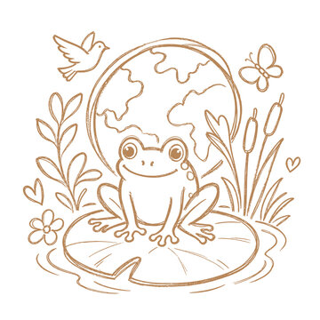 Frog sitting on a lily pad with globe, flowers, and bird illustration  