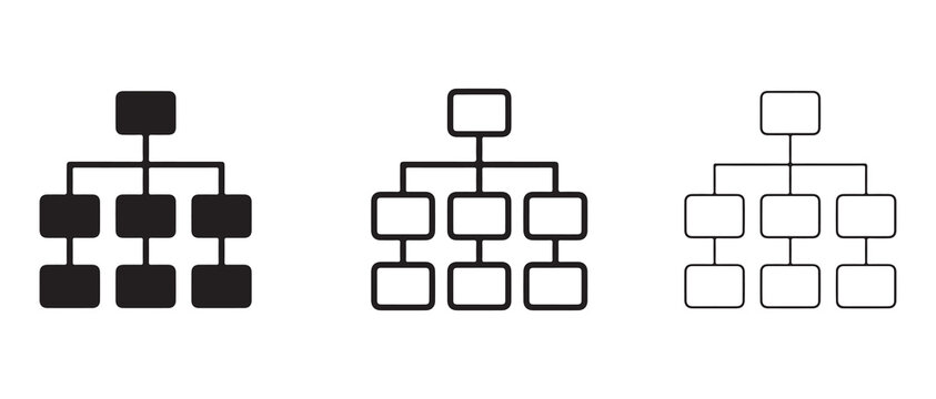 Hierarchical organizational chart diagrams showing different levels of structure and connections between elements