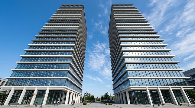 Low angle view of modern skyscrapers featuring a futuristic white minimalist architectural style against a clear blue sky background