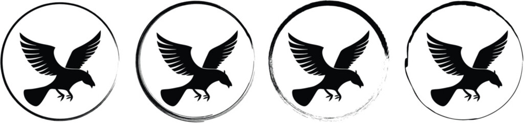 Obraz premium Set of four circular showing a black silhouette of a flying crow or raven with spread wings on a white background