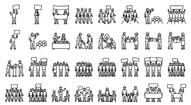 Peaceful activism outline vector collection with people holding blank banners placards community rally and public participation illustrations isolated on white background