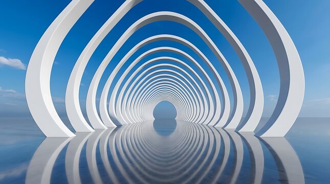 Abstract architectural tunnel featuring a futuristic white minimalist design with curved structures reflecting on a calm water surface under sky