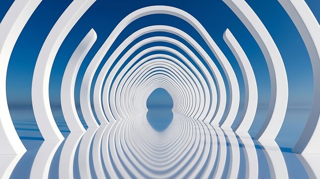 Abstract architectural background featuring a futuristic white minimalist tunnel structure with repeating arches and a bright blue sky