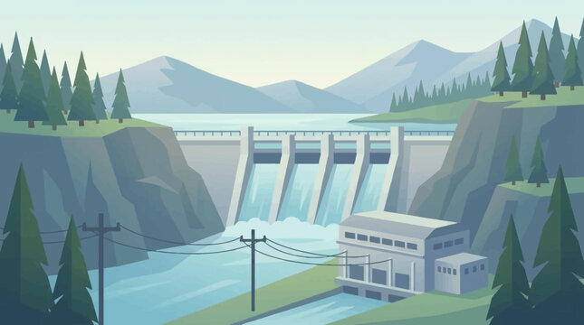 A large hydroelectric dam sits between mountains in a scenic valley landscape