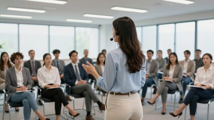 Obraz premium Professional speaker addresses attentive audience during corporate business conference seminar in modern office setting.