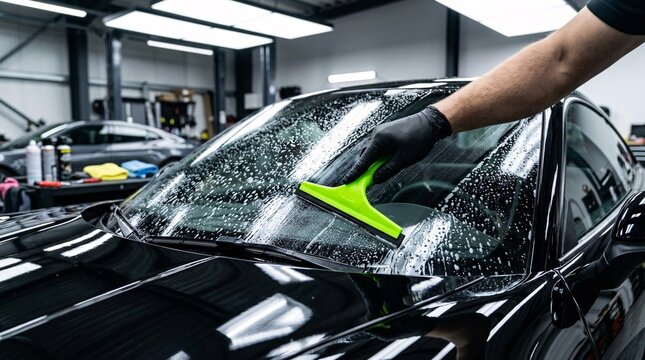 Gloved hand during automotive detailing uses a bright neon green squeegee to apply soapy water across a sleek black vehicle windshield.