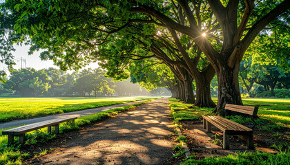 Obraz premium 影とベンチのある夏の公園の遊歩道 Generative AI