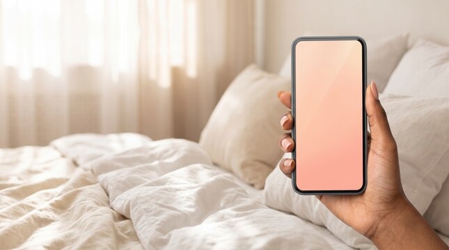 Blank peach screen phone mockup held in hand in a bright cozy morning bedroom