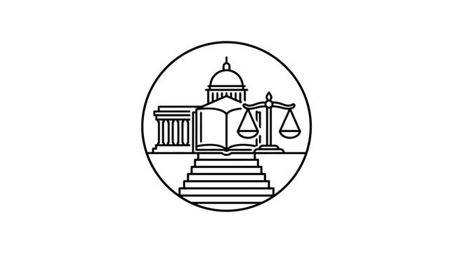 A minimalist black and white line art emblem featuring a courthouse book and scales of justice.
