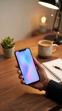 Colorful gradient phone screen mockup shown by hand on a warm evening home desk