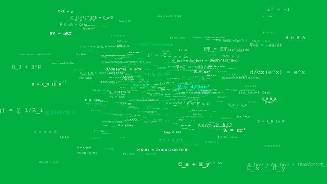Mathematical formulas and scientific equations drifting with 3D parallax on green screen chroma key for education video.