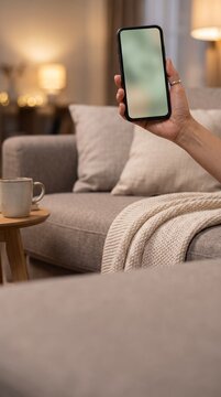 Blank phone screen mockup in hand in a cozy warmly lit evening living room