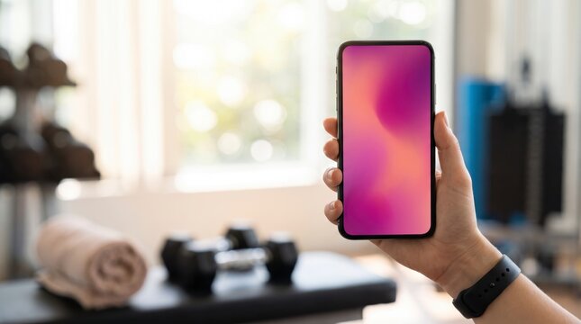 Magenta gradient phone screen mockup held in hand inside a bright home gym