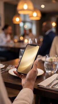 Cream toned phone screen mockup in hand at a candlelit restaurant dinner table