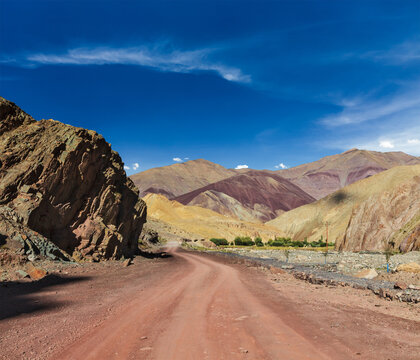 Travel forward concept background - road Himalayas with mountains in Manali-Leh road, Ladakh, Jammu and Kashmir, India