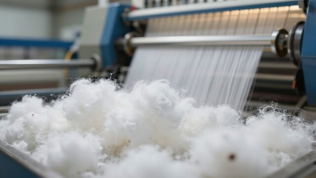 White cotton fibers being spun and sorted by industrial machinery during fiber processing stage.