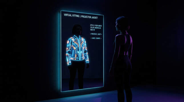 Virtual fitting technology shows neon blue cyber mesh jacket on digital mirror in dark room enhancing retail and e commerce tech experience