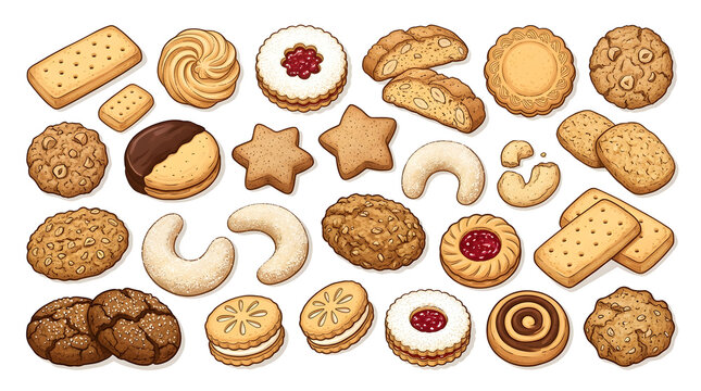 Freshly Baked Sweet Pastry Collection Featuring Jam Rings, Gingerbread Stars, and Shortbread