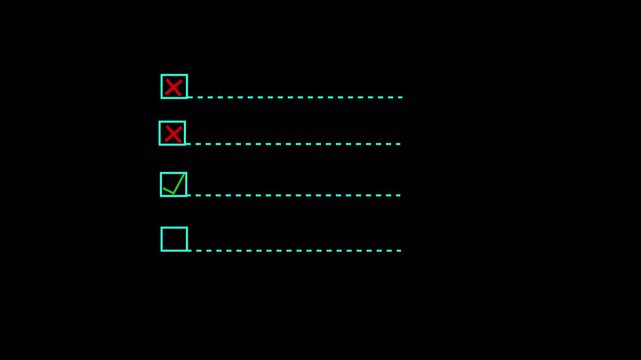  checklist on the dashed line icon with check marks and cross animation on black background. Question and answer checklist with right or wrong concept checklist box with alpha channel in 4k.