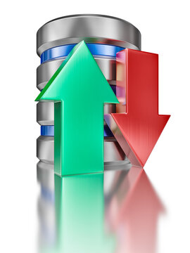 Database upload download concept - hard disk drive data storage database icon symbol featuring arrows isolated on white background