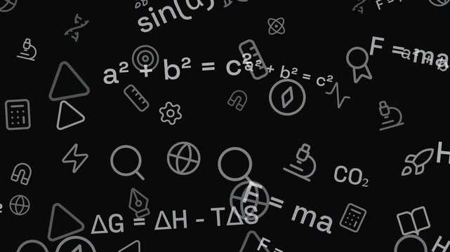 Science Math Formulas and Physics Equations with Education Icons Floating on Black Background Overlay