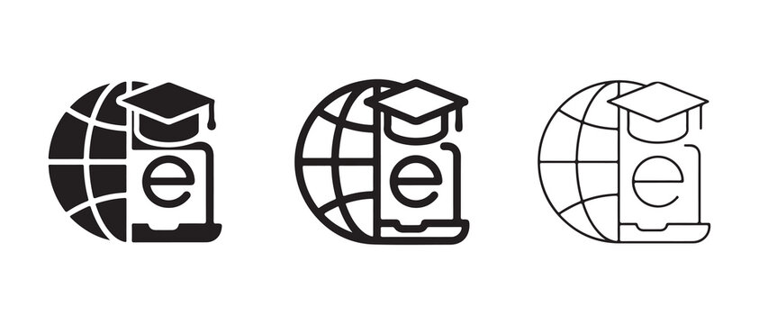 Modern educational icons featuring globe with graduation cap symbolizing online learning and global education concepts