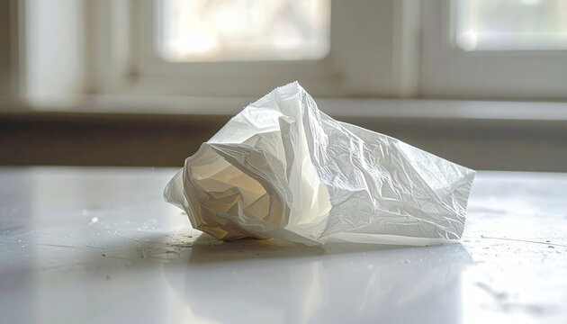 A crumpled white tissue or paper towel rests on a light surface with a blurred window in the background.