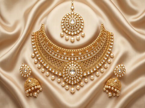 traditional indian bridal kundan gold necklace set arranged on luxurious champagne satin fabric in elegant flat lay for premium wedding jewelry catalog