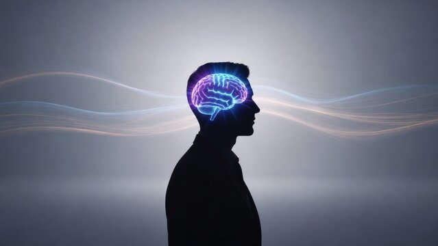 Conceptual psychology silhouette profile of businessman with glowing brain hologram and energy waves, representing mental health, neuroscience, mindfulness, and cognitive thinking.