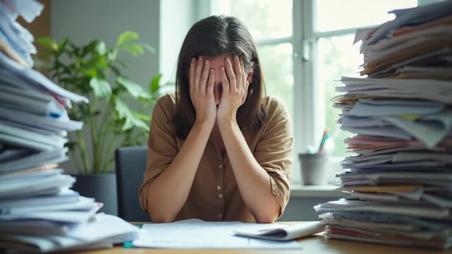 Frustrated businesswoman sitting at desk, covering her face with hands, illustrating workplace stress and information overload. Teacher inundated mountains of unverified notebooks curricula
