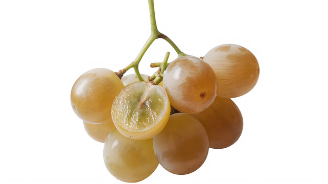 A small bunch of fresh green grapes with one grape cut in half to show the inside texture and juicy pulp perfect for healthy food recipes and organic fruit snacks for a balanced diet and nutrition iso