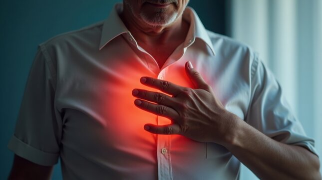Hombre de mediana edad que se toca el pecho mientras siente molestias, con la zona del coraz&oacute;n resaltada en rojo
