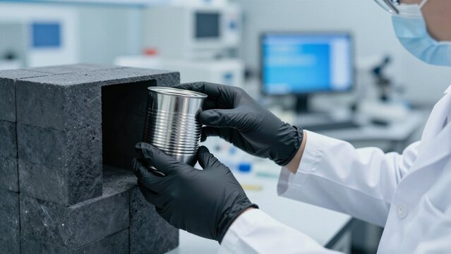 A scientist wearing protective gear carefully places a metal can into a lead-lined container within a controlled laboratory environment.