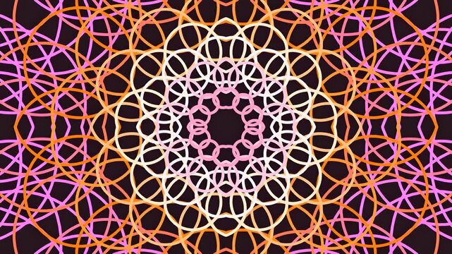 Colorful geometric mandala with intricate overlapping lines on dark background
