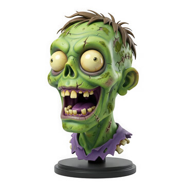 3d rendered bust of a cartoon zombie character with green skin and messy hair isolated on transparent background
