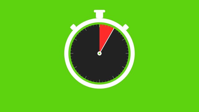 Stopwatch clock with red pie slice area reducing clockwise on green screen for time tracking and urgency visualization.