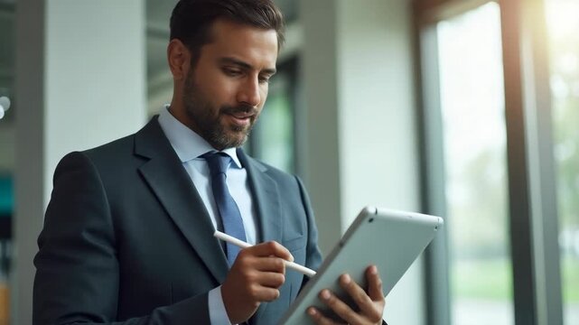 Smiling indian businessman working on tablet and smile.