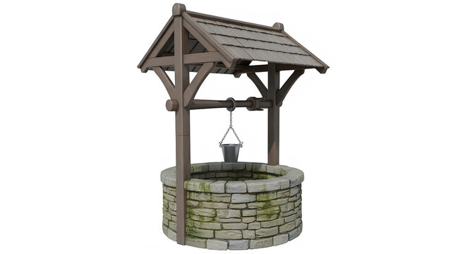 Old stone water well with wooden roof and bucket for drawing water from underground source in a garden or farm setting isolated on transparent background